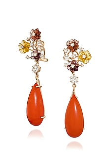 Rose Gold Finish Cubic Zirconia & Coral Stone Floral Dangler Earrings In Sterling Silver
