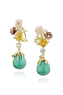 Gold Finish Cubic Zirconia & Turquoise Stone Floral Dangler Earrings In Sterling Silver