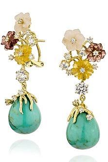 Gold Finish Cubic Zirconia & Turquoise Stone Floral Dangler Earrings In Sterling Silver
