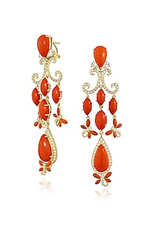 Gold Finish Cubic Zirconia & Coral Stone Chandelier Earrings In Sterling Silver