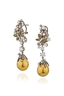 White Rhodium Finish Pearl & Cubic Zirconia Floral Dangler Earrings In Sterling Silver