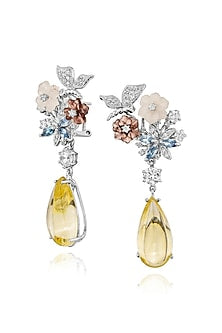White Rhodium Finish Cubic Zirconia & Rose Quartz Dangler Earrings In Sterling Silver