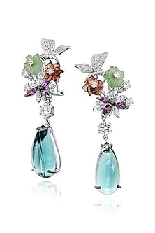 White Rhodium Finish Cubic Zirconia & Blue Topaz Stone Floral Dangler Earrings In Sterling Silver