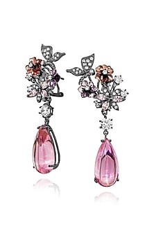 White Rhodium Finish Pink Cubic Zirconia Crystal Floral Dangler Earrings In Sterling Silver