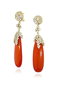 Gold Finish Cubic Zirconia & Coral Stone Floral Dangler Earrings In Sterling Silver