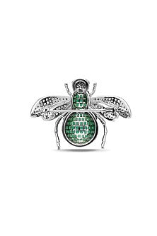 White Rhodium Finish Emerald Green Spinel Stone Bee Brooch In Sterling silver