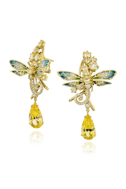 Gold Finish Cubic Zirconia & Champagne Stone Enameled Dangler Earrings In Sterling Silver