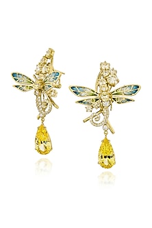 Gold Finish Cubic Zirconia & Champagne Stone Enameled Dangler Earrings In Sterling Silver