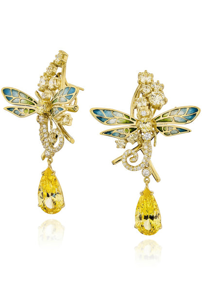 Gold Finish Cubic Zirconia & Champagne Stone Enameled Dangler Earrings In Sterling Silver
