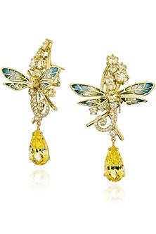 Gold Finish Cubic Zirconia & Champagne Stone Enameled Dangler Earrings In Sterling Silver