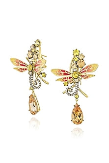 Gold Finish Cubic Zirconia & Canary Stone Enameled Dangler Earrings In Sterling Silver