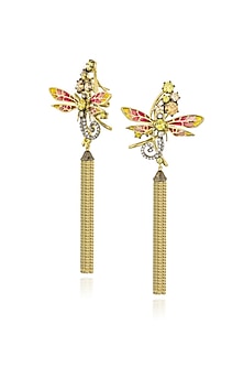 Gold Finish Cubic Zirconia Crystal Enameled Dangler Earrings In Sterling Silver