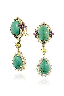 Gold Finish Cubic Zirconia Crystal & Turquoise Stone Floral Dangler Earrings In Sterling Silver