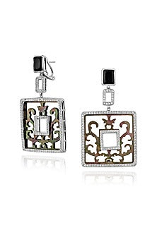 White Rhodium Finish Black Shell & Cubic Zirconia Crystal Dangler Earrings In Sterling Silver