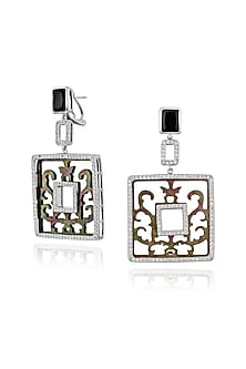 White Rhodium Finish Black Shell & Cubic Zirconia Crystal Dangler Earrings In Sterling Silver