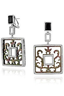 White Rhodium Finish Black Shell & Cubic Zirconia Crystal Dangler Earrings In Sterling Silver