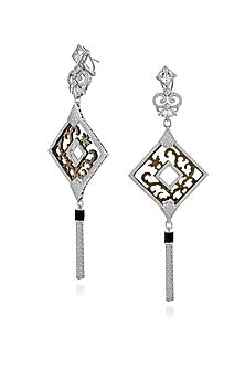 White Rhodium Finish Black Shell & Cubic Zirconia Crystal Dangler Earrings In Sterling Silver
