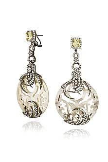 White Rhodium Finish Cubic Zirconia & Green Tourmaline Stone Dangler Earrings In Sterling Silver