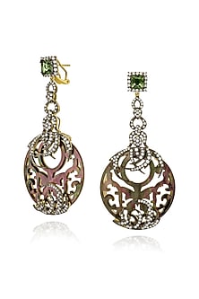 Gold Finish Cubic Zirconia & Black Shell Dangler Earrings In Sterling Silver