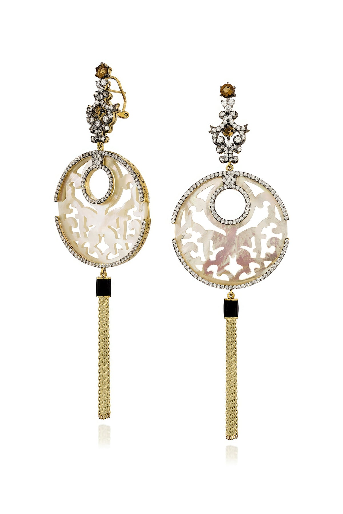 Gold Finish Cubic Zirconia & White Shell Dangler Earrings In Sterling Silver