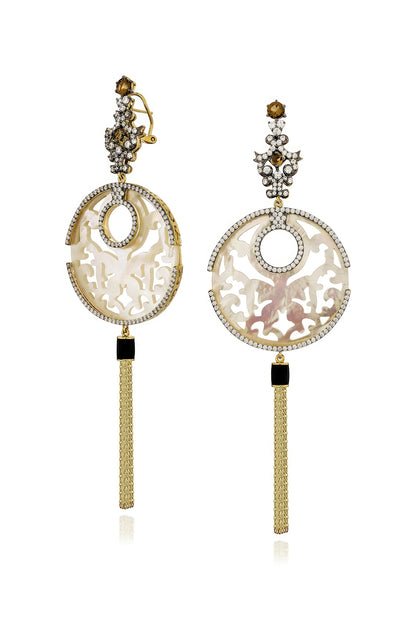Gold Finish Cubic Zirconia & White Shell Dangler Earrings In Sterling Silver