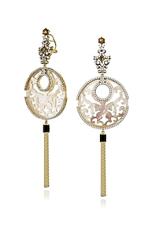 Gold Finish Cubic Zirconia & White Shell Dangler Earrings In Sterling Silver