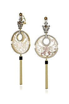 Gold Finish Cubic Zirconia & White Shell Dangler Earrings In Sterling Silver