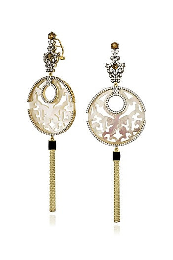 Gold Finish Cubic Zirconia & White Shell Dangler Earrings In Sterling Silver