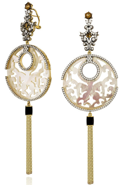 Gold Finish Cubic Zirconia & White Shell Dangler Earrings In Sterling Silver
