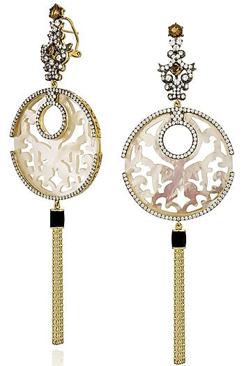 Gold Finish Cubic Zirconia & White Shell Dangler Earrings In Sterling Silver