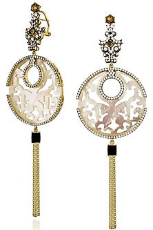 Gold Finish Cubic Zirconia & White Shell Dangler Earrings In Sterling Silver