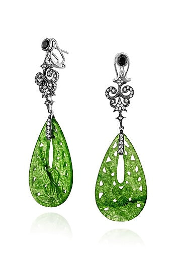 White Rhodium Finish Green Lechin Stone Floral Dangler Earrings In Sterling Silver