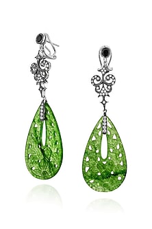 White Rhodium Finish Green Lechin Stone Floral Dangler Earrings In Sterling Silver