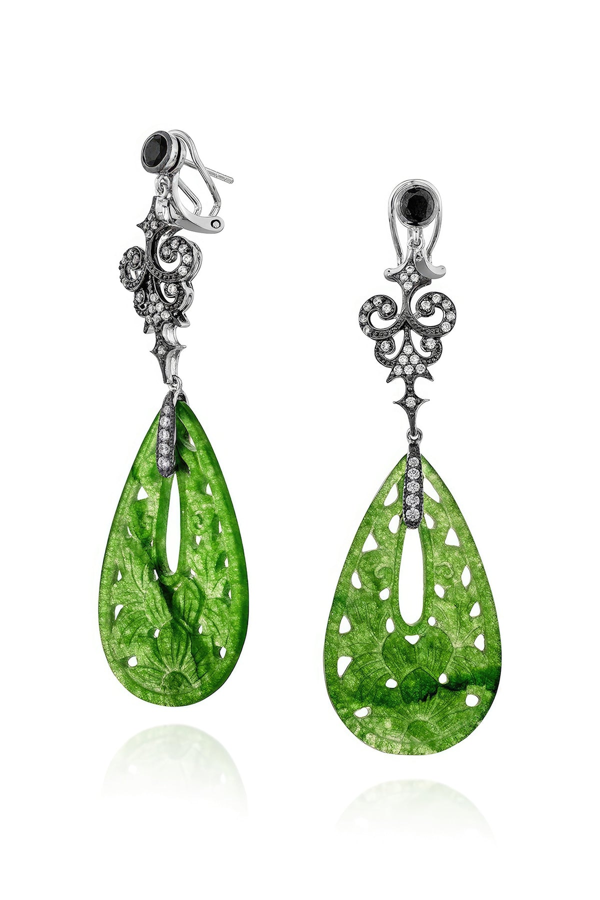 White Rhodium Finish Green Lechin Stone Floral Dangler Earrings In Sterling Silver