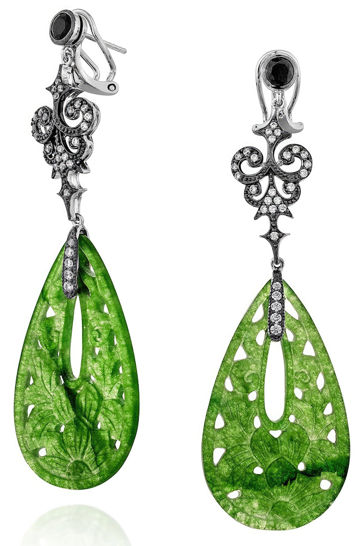 White Rhodium Finish Green Lechin Stone Floral Dangler Earrings In Sterling Silver