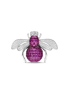 White Rhodium Finish Ruby Spinel Stone Bee Brooch In Sterling silver