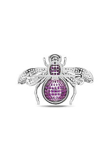 White Rhodium Finish Ruby Spinel Stone Bee Brooch In Sterling silver