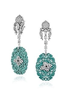 White Rhodium Finish Turquoise Stone & Cubic Zirconia Dangler Earrings In Sterling Silver