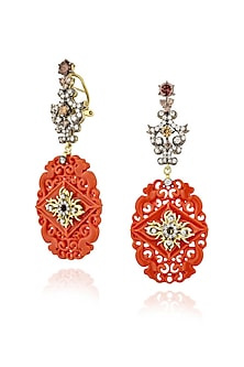 Gold Finish Cubic Zirconia & Coral Stone Dangler Earrings In Sterling Silver