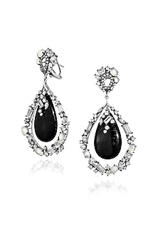 White Rhodium Finish Cubic Zirconia & Black Onyx Dangler Earrings In Sterling Silver