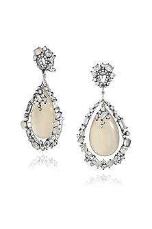 White Rhodium Finish Cubic Zirconia & Agate Stone Dangler Earrings In Sterling Silver