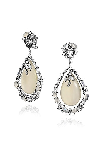 White Rhodium Finish Cubic Zirconia & Agate Stone Dangler Earrings In Sterling Silver