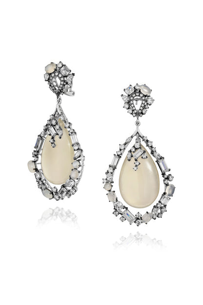 White Rhodium Finish Cubic Zirconia & Agate Stone Dangler Earrings In Sterling Silver
