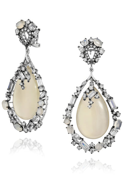 White Rhodium Finish Cubic Zirconia & Agate Stone Dangler Earrings In Sterling Silver