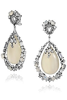 White Rhodium Finish Cubic Zirconia & Agate Stone Dangler Earrings In Sterling Silver