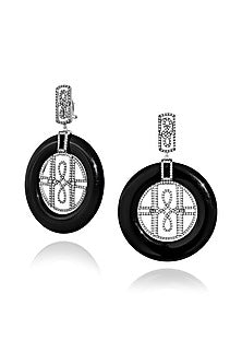 White Rhodium Finish Cubic Zirconia & Black Onyx Dangler Earrings In Sterling Silver