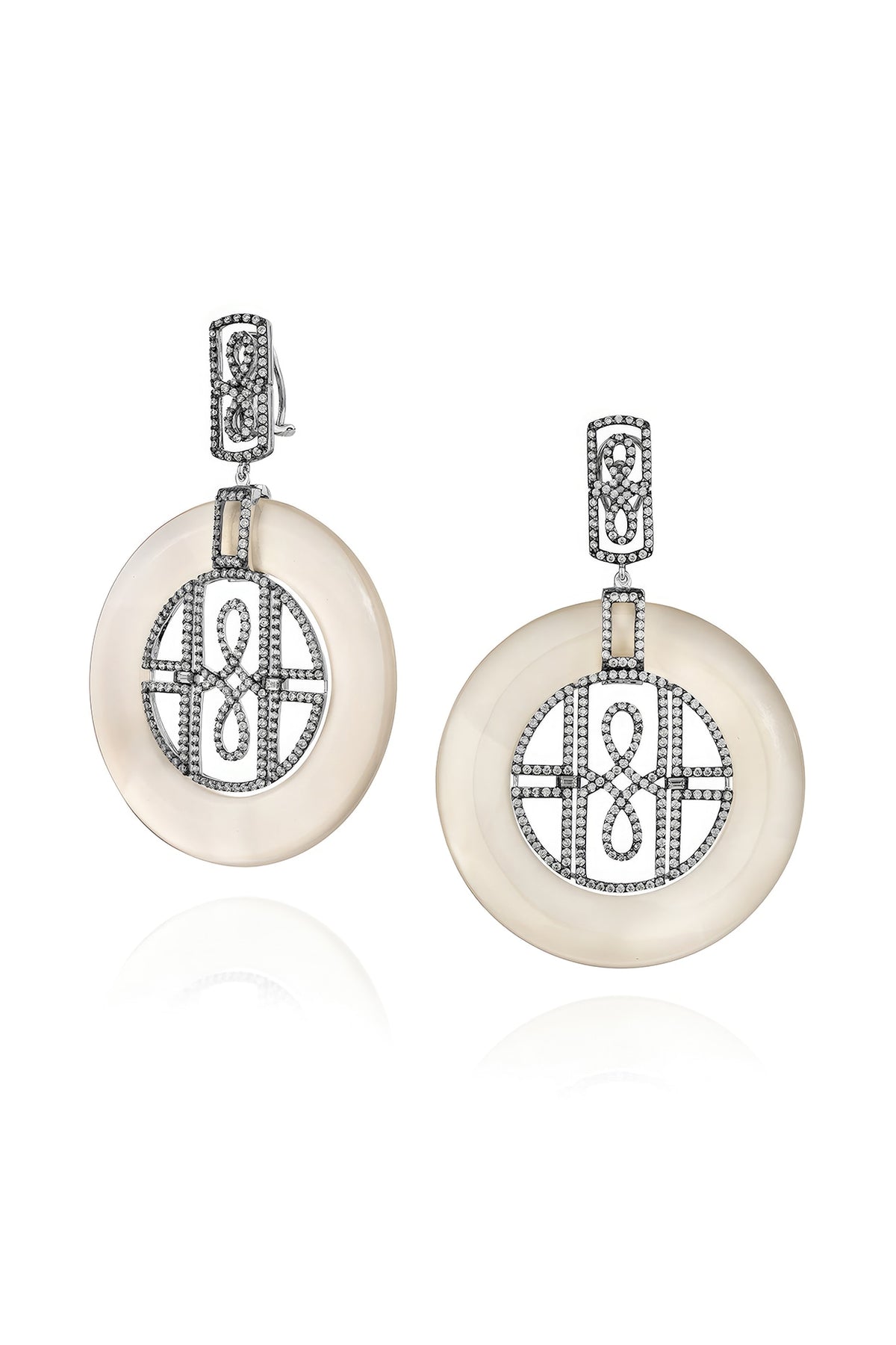 White Rhodium Finish Cubic Zirconia & Agate Stone Dangler Earrings In Sterling Silver