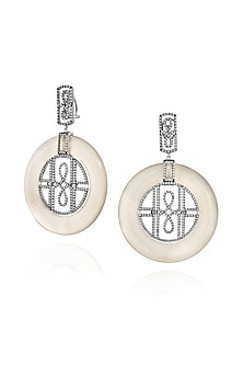 White Rhodium Finish Cubic Zirconia & Agate Stone Dangler Earrings In Sterling Silver