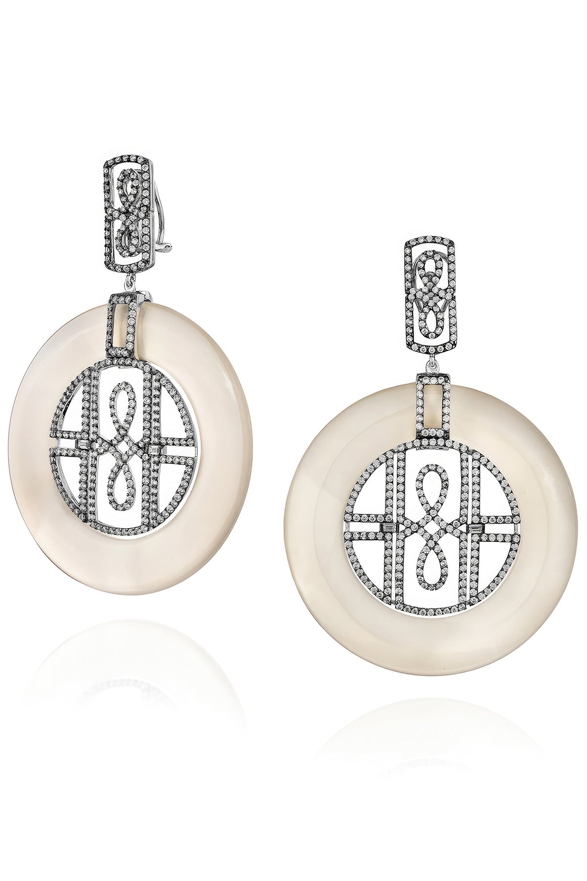 White Rhodium Finish Cubic Zirconia & Agate Stone Dangler Earrings In Sterling Silver
