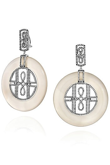 White Rhodium Finish Cubic Zirconia & Agate Stone Dangler Earrings In Sterling Silver